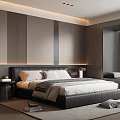 Modern Bedroom Interior Design With Grey Headboard Wall Vertical Stripe Decor And Large Bed