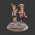 Traditional Costume Figures On Round Base With Headwear And THE CANNON