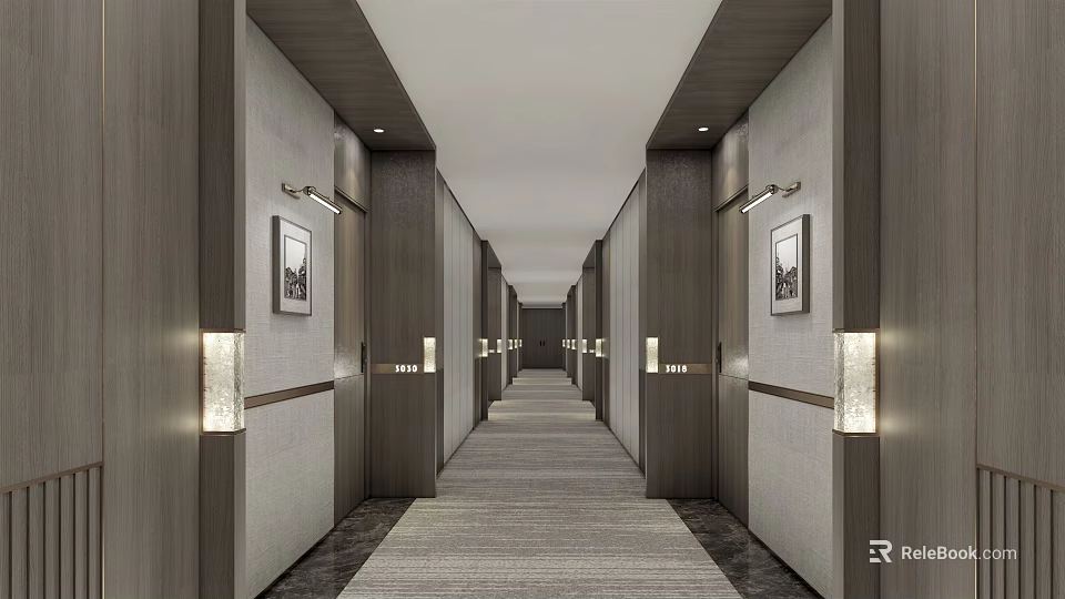 Modern Hotel Corridor With Elegant Lighting Framed Art And Soft Carpet 3d model 