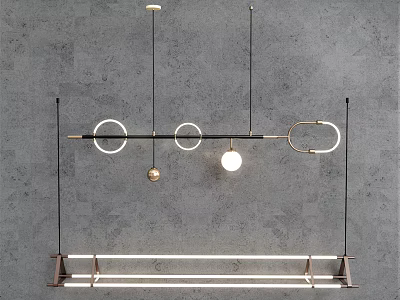 Modern Pendant Lights With Circular Rings Spherical Bulbs And Linear Bar Against Gray Wall 3d model