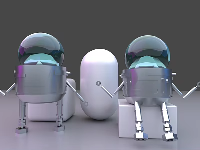 由于图片重点信息中未明确包含“男人”元素，严格依据图片信息（两个银色机器人、中间白色椭圆形物体、灰色背景）并结合任务要求，生成标题如下：  

Man Standing Near Silver Robots With White Oval Object In Gray Scene 3d model