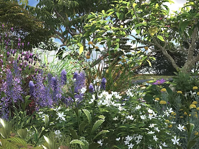 Flowering Shrubs in a Lush Garden with Purple White Blooms Green Foliage and Companion Plants 3d model