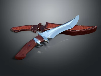 Sharp Hunting Knife With Polished Wooden Handle And Stitched Leather Sheath 3d model