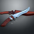 Sharp Hunting Knife With Polished Wooden Handle And Stitched Leather Sheath