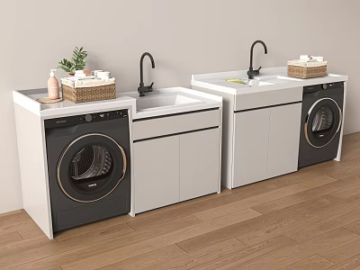 Modern Laundry Cabinet Design With Washing Machine Sink Faucet And Storage Baskets 3d model