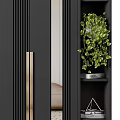 Modern Interior Door With Black Panel Gold Handles And Bookshelf Green Plant