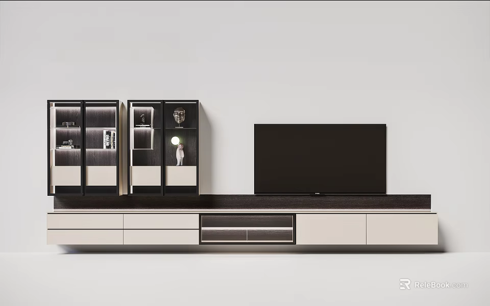 Modern TV Stand with Sleek Design Glass Door Cabinets and TV on Top 3d model 