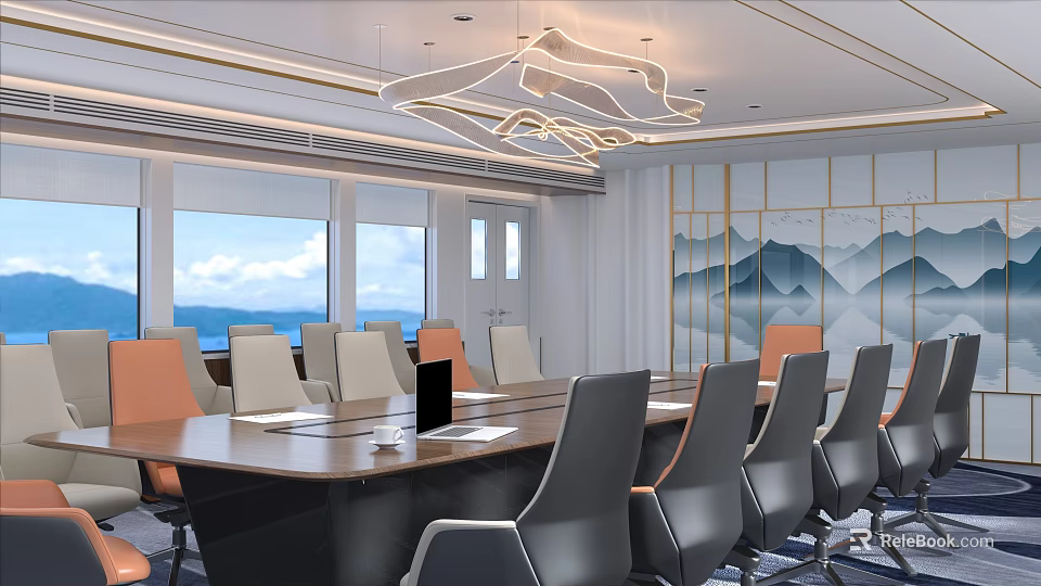 Modern Conference Room Interior With Large Windows Scenic View Chandelier And Decorative Landscape Wall 3d model 