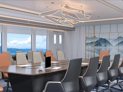 Modern Conference Room Interior With Large Windows Scenic View Chandelier And Decorative Landscape Wall 3d model