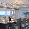 Modern Conference Room Interior With Large Windows Scenic View Chandelier And Decorative Landscape Wall
