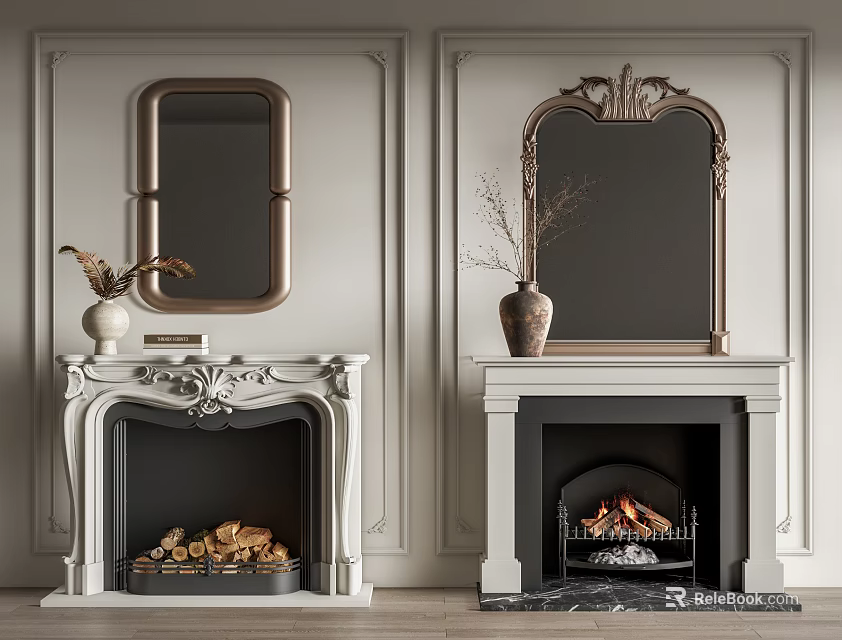Decorative Fireplaces With Mirrors Vases Dried Branches Wood Logs And Burning Fire 3d model 