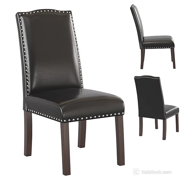 Black Leather Single Chair With Studded Decoration And Solid Wooden Legs Design Style 3d model 