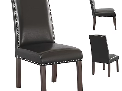 Black Leather Single Chair With Studded Decoration And Solid Wooden Legs Design Style 3d model