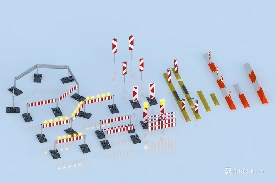 High Visibility Road Facilities Including Traffic Cones Barriers Warning Signs Construction Markers With Reflective Strips 3d model 