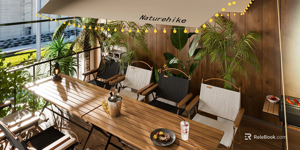 Naturehike Outdoor Restaurant With Wooden Table Chairs Plants And String Lights 3d model 