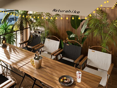 Naturehike Outdoor Restaurant With Wooden Table Chairs Plants And String Lights 3d model