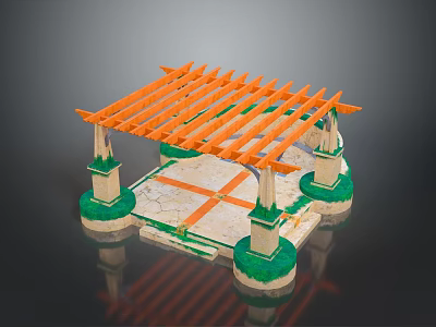 Garden Landscape with Pergola Orange Lattice Roof White Columns Stone Slab Floor and Green Lawn 3d model
