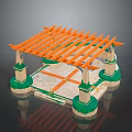Garden Landscape with Pergola Orange Lattice Roof White Columns Stone Slab Floor and Green Lawn