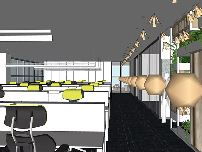 Modern Public Office Space With Cubicles Yellow Chairs Pendant Lights And Green Plants 3d model