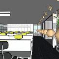 Modern Public Office Space With Cubicles Yellow Chairs Pendant Lights And Green Plants