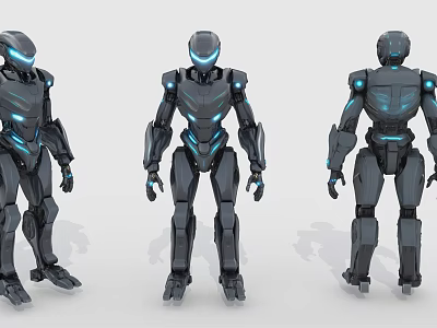 Sci Fi Robotic Figure Design In Black With Blue Glowing Accents From Three Angles 3d model