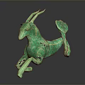 Green Bronze Goat Sculpture in Dynamic Jumping Pose with Detailed Horns and Tail