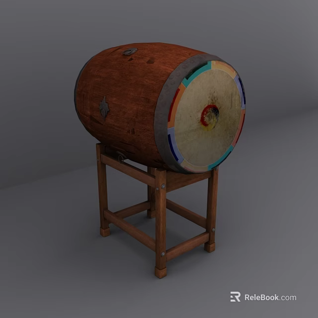 Traditional Wooden Stand Drum With Brown Body Colorful Accents And Red Center Design 3d model 