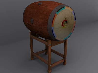 Traditional Wooden Stand Drum With Brown Body Colorful Accents And Red Center Design 3d model