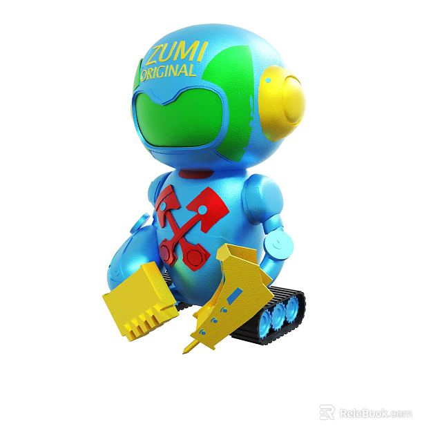 Blue Robot Toy With Green Head Yellow Ears Red Tool Symbols And Caterpillar Tracks 3d model 