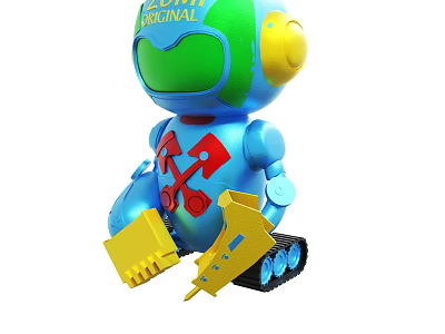 Blue Robot Toy With Green Head Yellow Ears Red Tool Symbols And Caterpillar Tracks 3d model