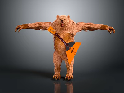 Anthropomorphic Bear Creature With Arms Outstretched Holding Orange Triangular Guitar 3d model