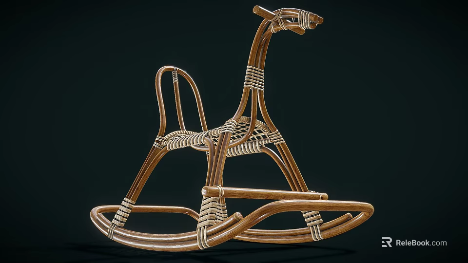 Brown Woven Kids' Rocking Chair with Horse Shape Design and Wooden Frame 3d model 