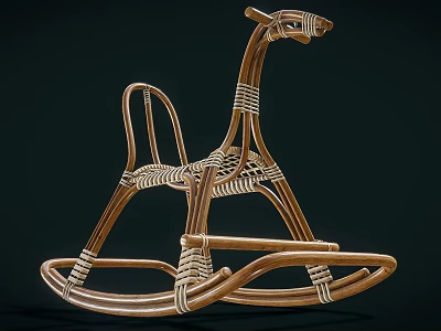 Brown Woven Kids' Rocking Chair with Horse Shape Design and Wooden Frame 3d model