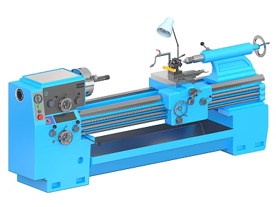 Blue Industrial Lathe Equipment With Bed Headstock Tool Post Tailstock And Lighting 3d model