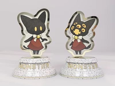 Cute Cartoon Cat Trophies With White Spotted Monster Base Different Eye Designs And Red Dress 3d model