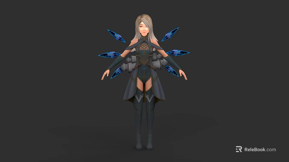 Futuristic Woman With Light Hair And Mechanical Blue Wings In Tech Inspired Outfit 3d model 