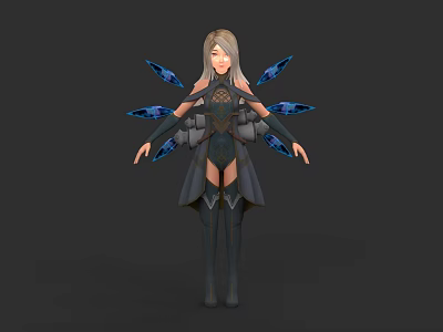 Futuristic Woman With Light Hair And Mechanical Blue Wings In Tech Inspired Outfit 3d model