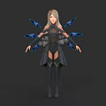 Futuristic Woman With Light Hair And Mechanical Blue Wings In Tech Inspired Outfit