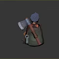 Green Backpack With Brown Straps Blue Top Orange Buckle Decorative Patterns And Tools Axe Shovel