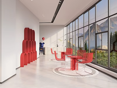 Modern Front Desk Reception Area With Large Windows Mountain View Red Decor And White Flooring 3d model
