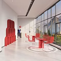 Modern Front Desk Reception Area With Large Windows Mountain View Red Decor And White Flooring