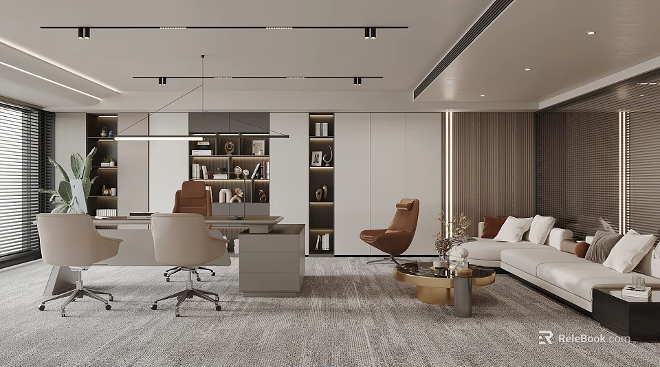 Modern Office Interior With Executive Desk Ergonomic Chair Bookshelf And Linen Sofa 3d model 