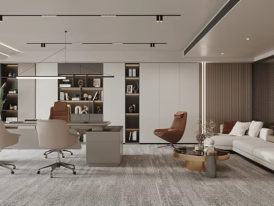 Modern Office Interior With Executive Desk Ergonomic Chair Bookshelf And Linen Sofa 3d model