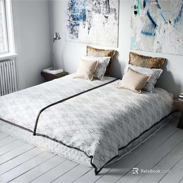 Modern Bedroom With Patterned Bed Linen Decorative Pillows Bedside Lamp And Wall Art 3d model 