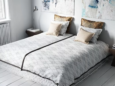 Modern Bedroom With Patterned Bed Linen Decorative Pillows Bedside Lamp And Wall Art 3d model