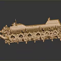 Golden Metal Train Model With Detailed Components On Reflective Surface