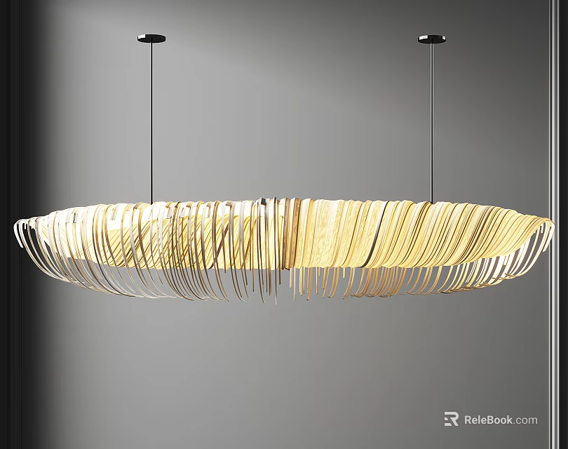 Elegant Modern Round Chandelier With Light Colored Strips Hanging In Interior Space 3d model
