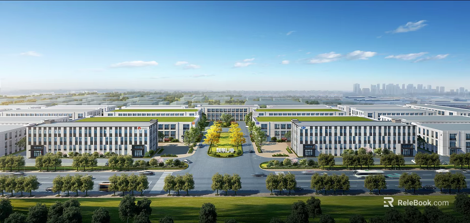 Modern Industrial Park With Green Roofs Central Road And Landscaped Trees 3d model 