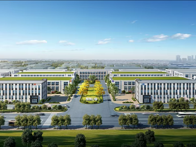 Modern Industrial Park With Green Roofs Central Road And Landscaped Trees 3d model