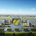 Modern Industrial Park With Green Roofs Central Road And Landscaped Trees